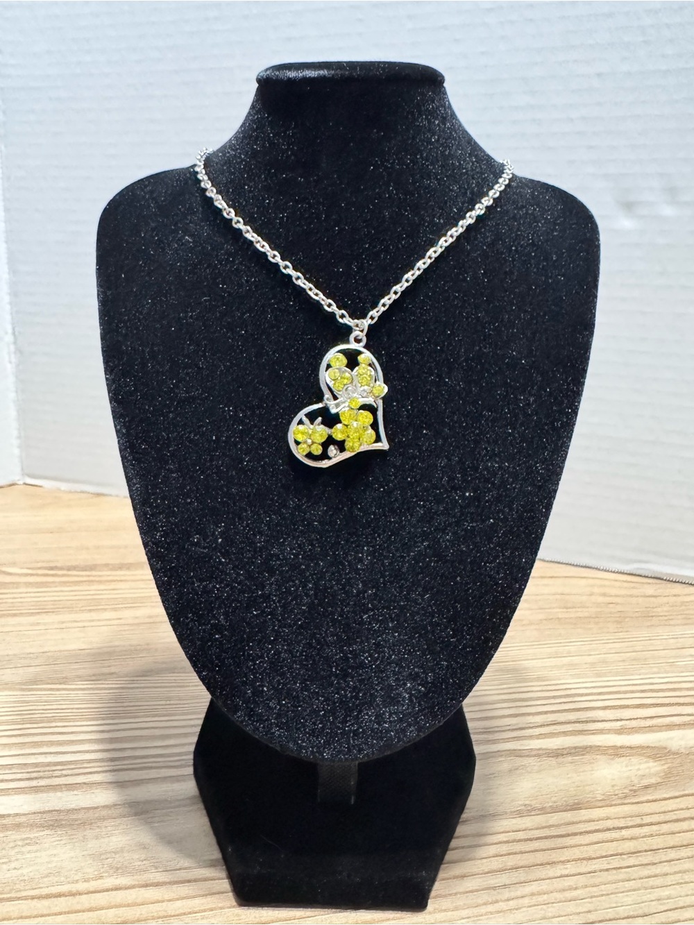 Silver Heart Pendant Necklace with Yellow Crystal Flowers